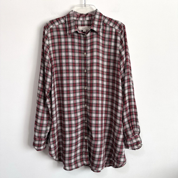 LOFT Tunic Blouse S Plaid Long Sleeve Rayon Soft Casual Trendy Button Front - Picture 1 of 9